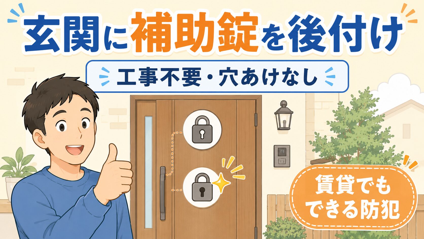 中央に、一般的な玄関ドアのイラスト（特定の製品やメーカーが分からない、 シンプルで抽象的なドア）。そのドアに、鍵マークが「2つ」描かれていて、 2つ目の鍵にキラッと光るエフェクト。ドアの前で、安心した表情で親指を立てる 30〜40代の日本人パパ。