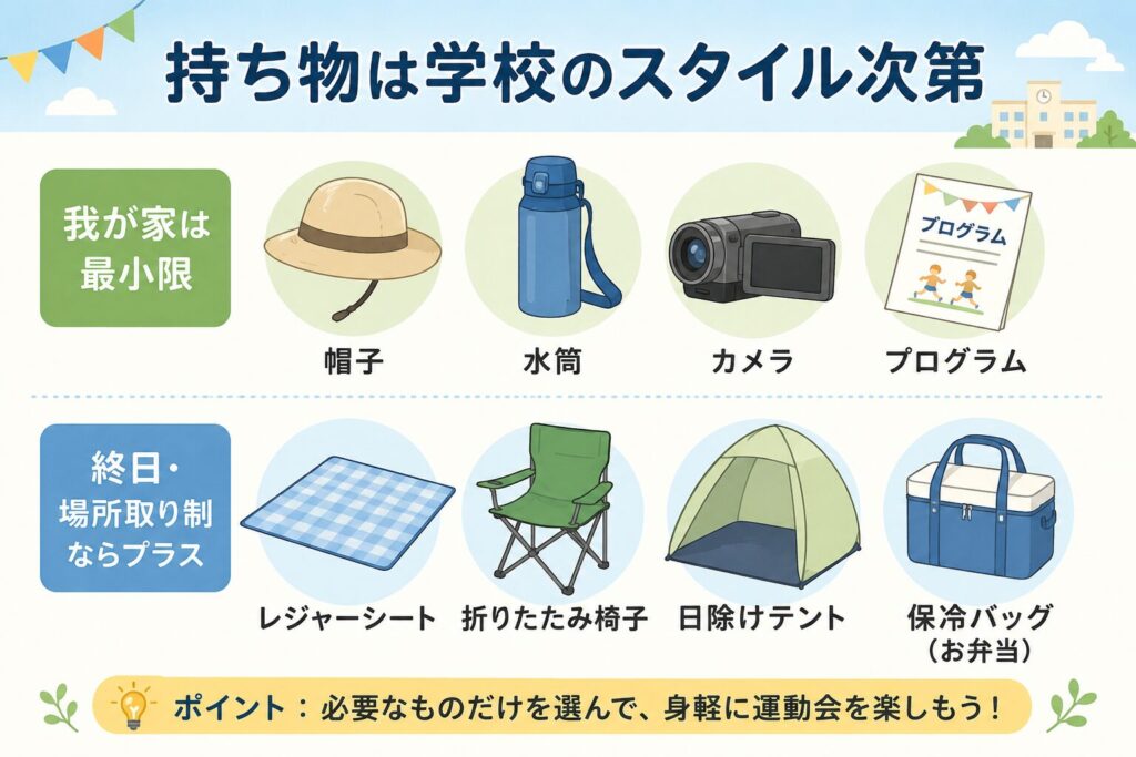 上段「我が家（午前のみ・優先席）＝帽子・水筒・カメラ・プログラムの4点だけ」をアイコンで並べる。下段「終日・場所取り制の学校ならプラス＝レジャーシート・折りたたみ椅子・日除けテント・保冷バッグ（お弁当）」を並べる。