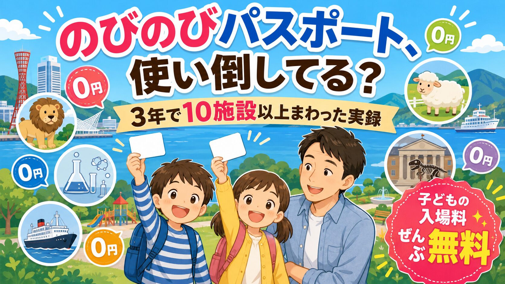 中央に、無地のパスカード（カードには何も書かない）を誇らしげに掲げる小学生2人と、隣で微笑む30〜40代の日本人パパ。周囲に、動物園・科学館・博物館・牧場・公園を表すシンプルなアイコン（動物、フラスコ、船、羊、木）がぐるりと囲む。「無料」を表す0円マークがところどころに。