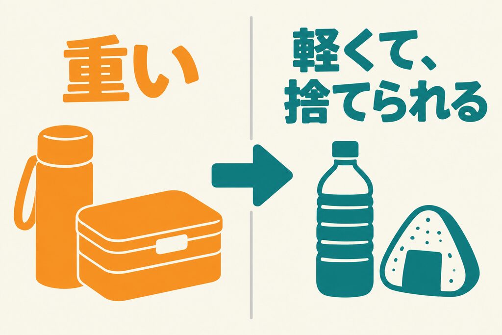 重い水筒と弁当箱より、軽くて捨てられるペットボトルとおにぎりを選ぶ図