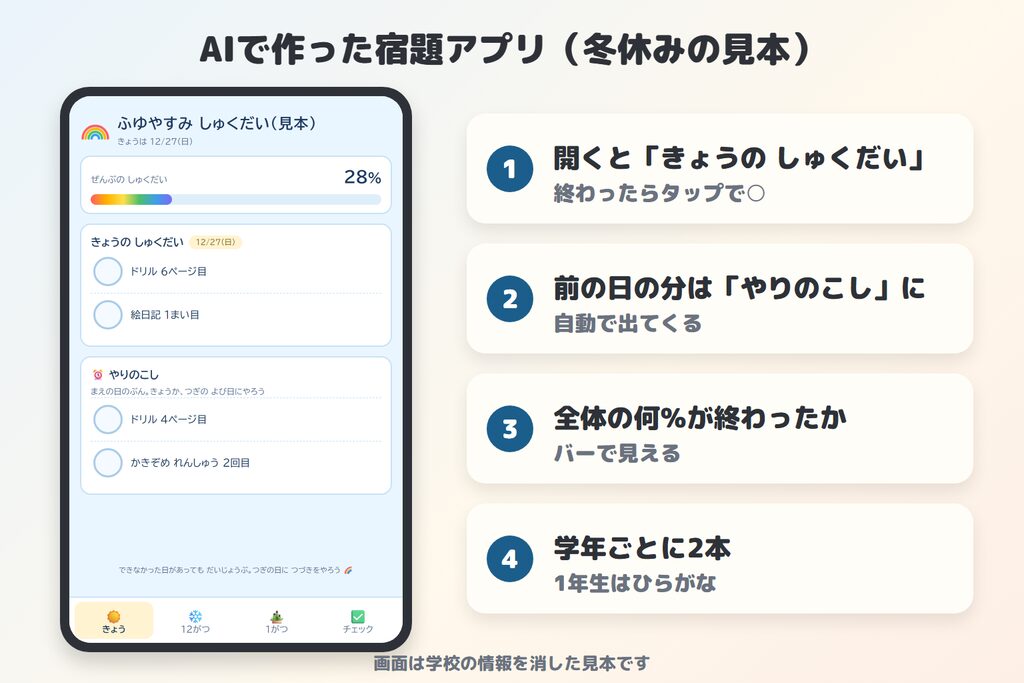 AIで作った宿題アプリの冬休みの見本（きょうのしゅくだい・やりのこし・進み具合のバー）
