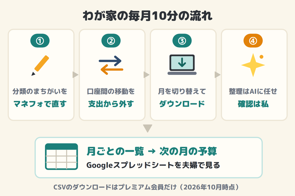 わが家の毎月10分の流れ(分類を直す・口座間の移動を外す・ダウンロード・AIで整理して確認)