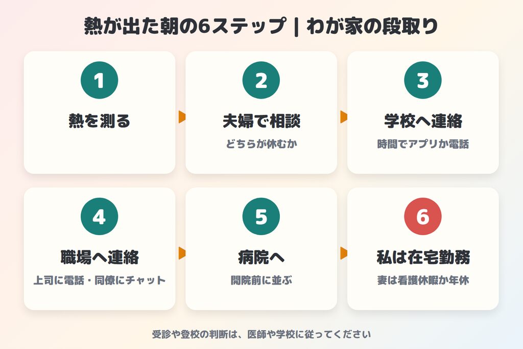 熱が出た朝の6ステップ（熱を測る・夫婦で相談・学校へ連絡・職場へ連絡・病院へ・私は在宅勤務で妻は看護休暇か年休）