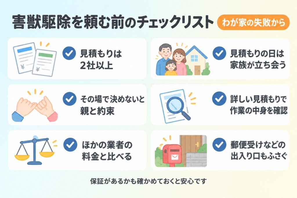 害獣駆除を頼む前のチェックリスト（見積もりは2社以上・立ち会う・出入り口もふさぐ）