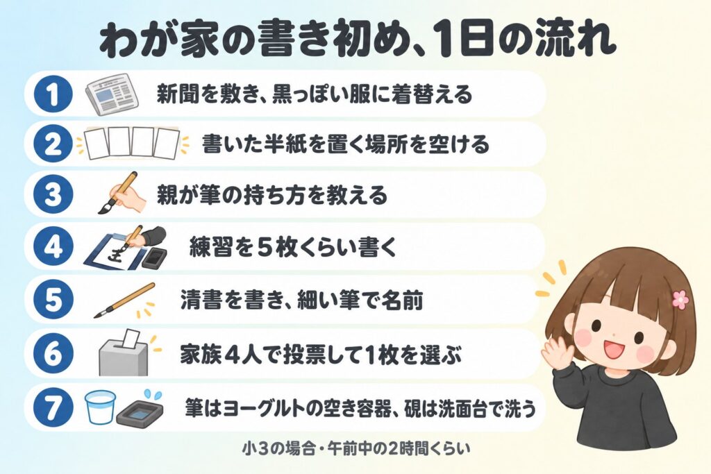 わが家の書き初め、1日の流れ（新聞を敷く→置き場所→持ち方→練習5枚→清書と名前→家族で投票→片付け）