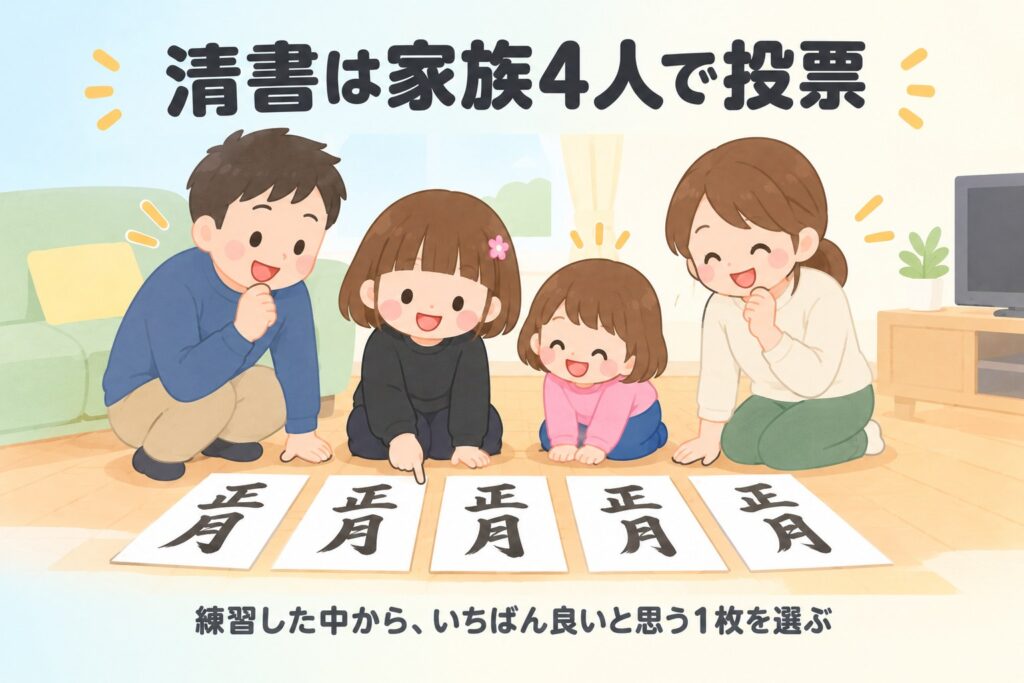 清書は家族4人で投票（練習した中から、いちばん良いと思う1枚を選ぶ）