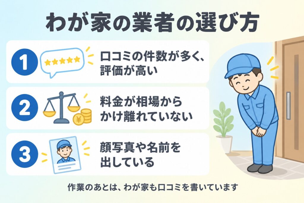 わが家の業者の選び方(口コミの件数と評価・相場からかけ離れていない料金・顔写真や名前)