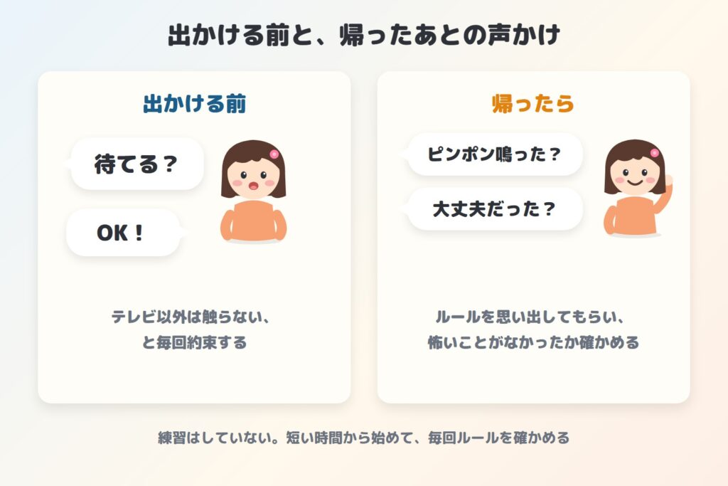 出かける前は「待てる?」「OK!」、帰ったら「ピンポン鳴った?」「大丈夫だった?」と声をかける