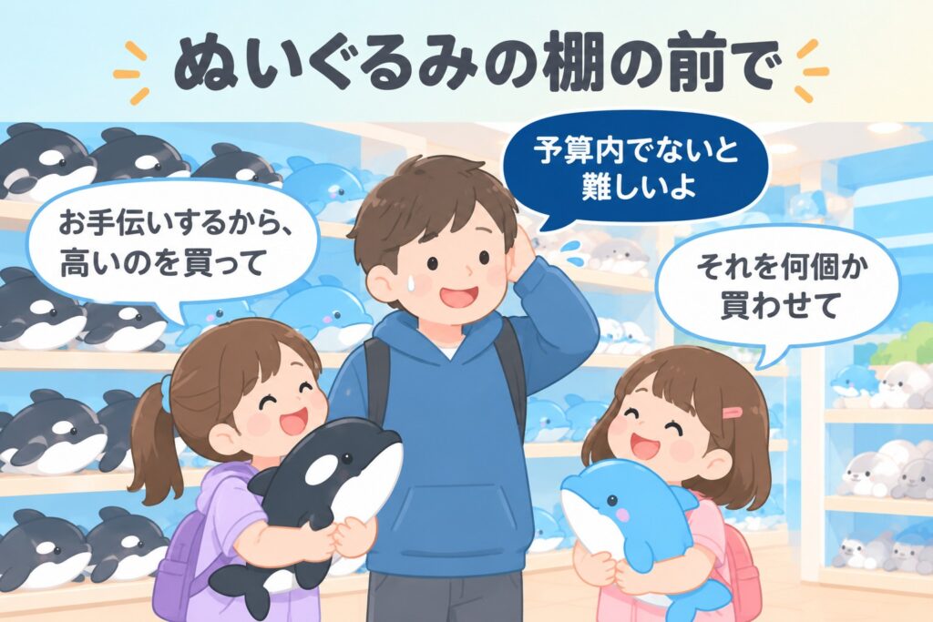 ぬいぐるみの棚の前で(「お手伝いするから、高いのを買って」「それを何個か買わせて」「予算内でないと難しいよ」)