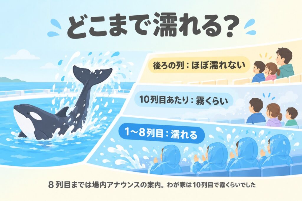 どこまで濡れる?(1〜8列目は濡れる・10列目あたりは霧くらい・後ろの列はほぼ濡れない)