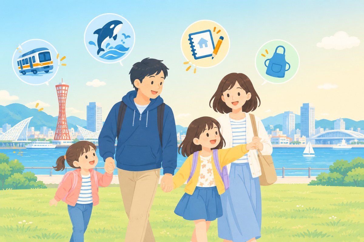神戸の港の公園を歩く共働きの家族4人のイラスト